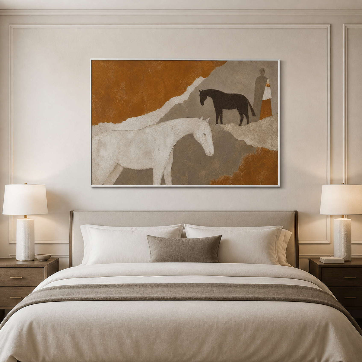 Ochre horse wall art in a white frame above a calm bedroom bed.