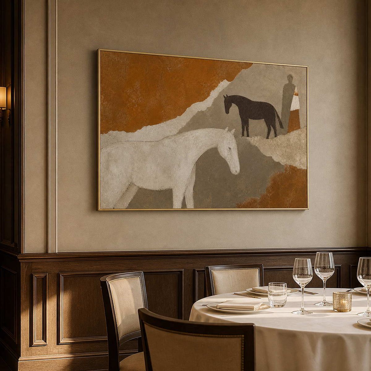 Earth tone horse painting in a gold frame beside a dining table.
