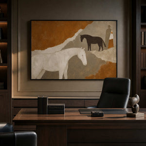 Textured horse canvas in a black frame displayed in a dark office.