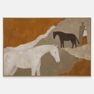 Textured painting of two horses and a figure in ochre and taupe.