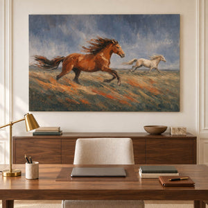 Hand-painted scene of chestnut and pale horses running across open ground, displayed in a study without an outer frame.