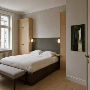 Black and white horse wall art displayed in a serene bedroom.