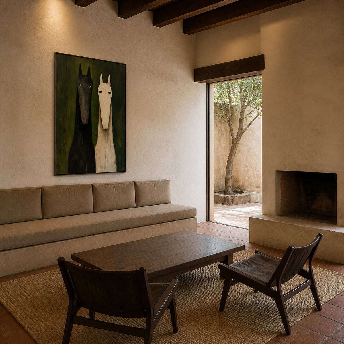 Green horse wall art displayed in a warm courtyard family room.
