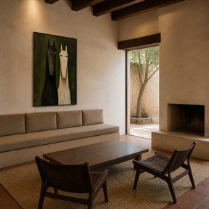 Green horse wall art displayed in a warm courtyard family room.