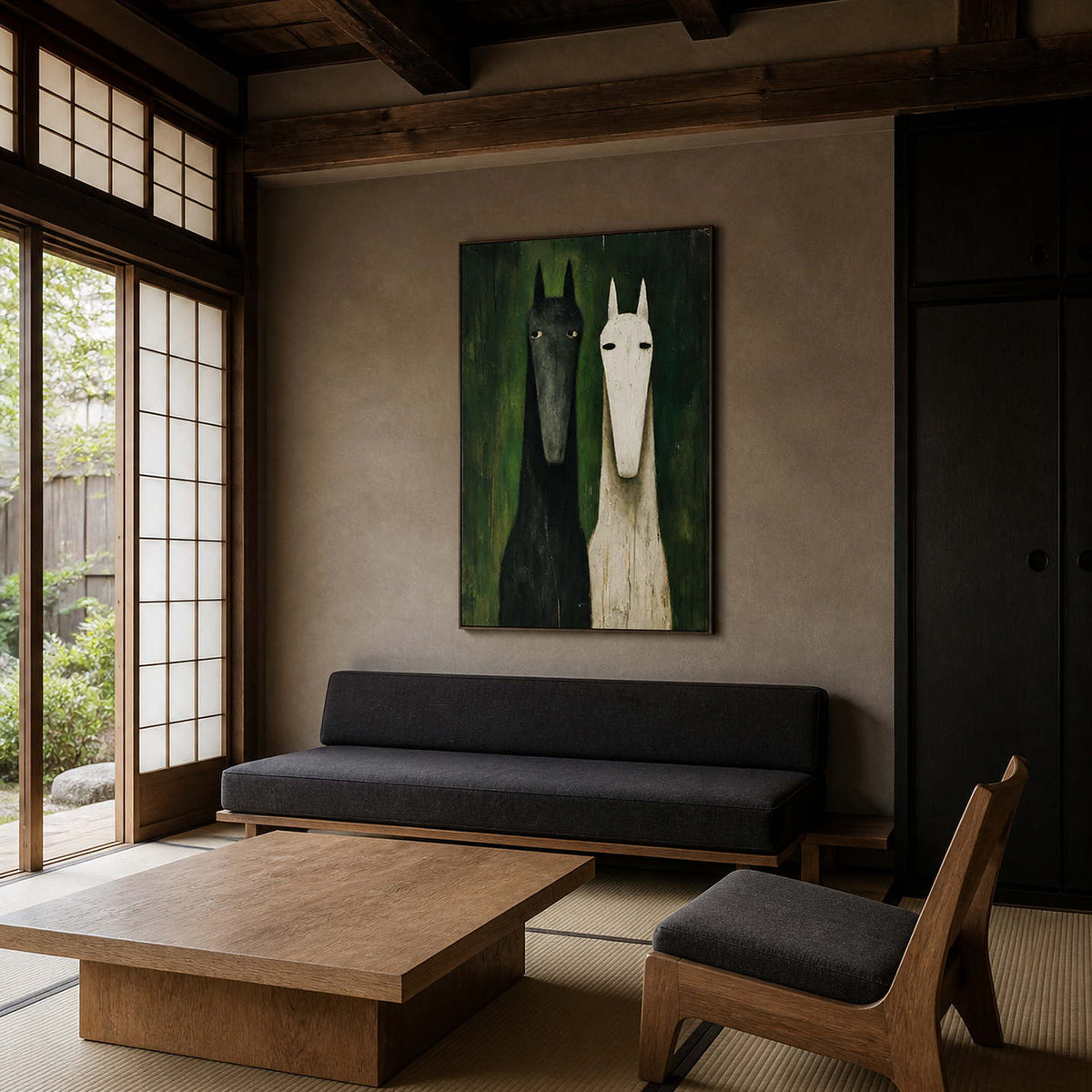 Green horse wall art displayed in a quiet wood reading room.