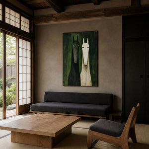 Green horse wall art displayed in a quiet wood reading room.