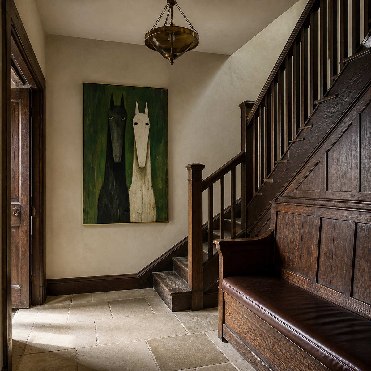 Textured horse painting displayed beside a dark oak country staircase.
