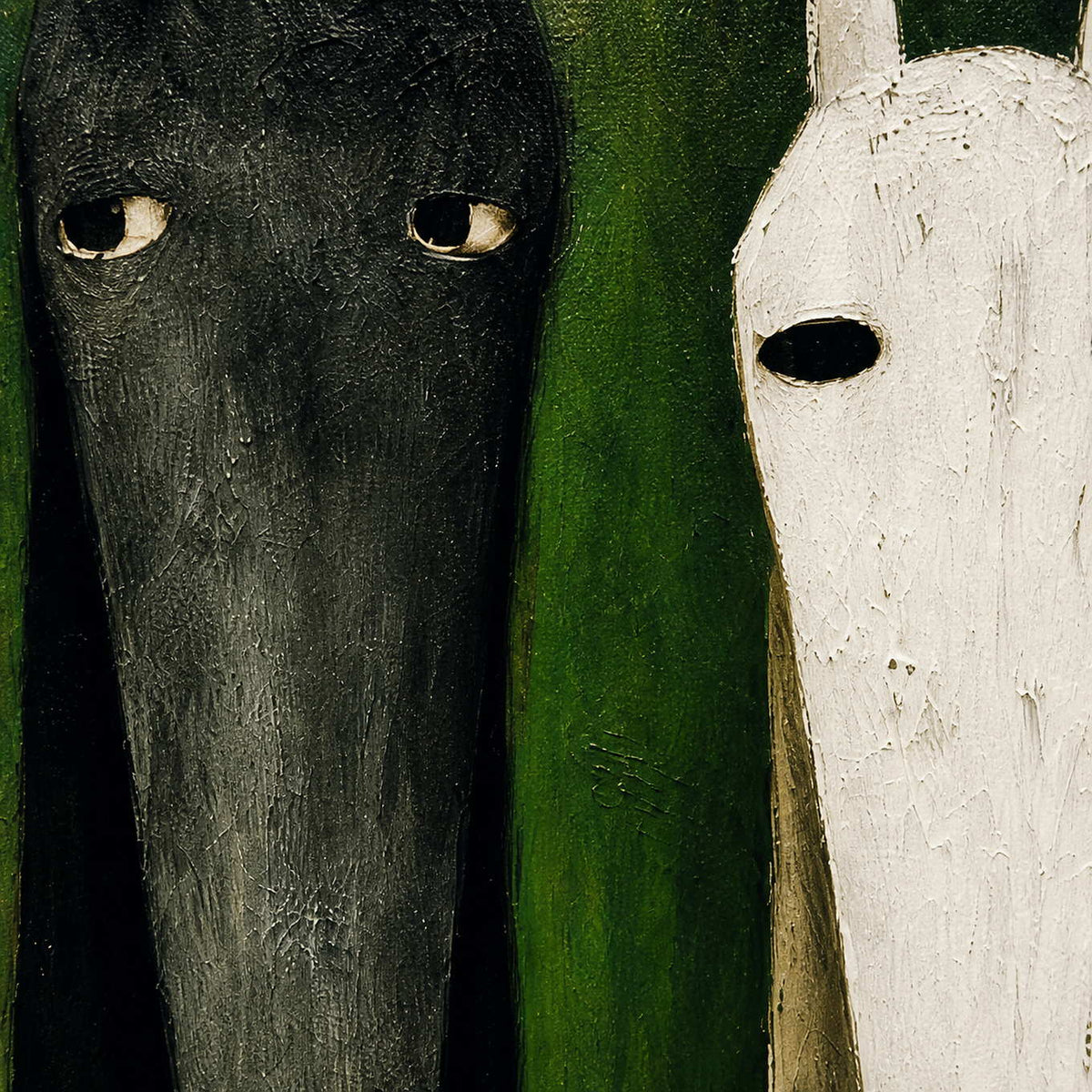 Close-up of layered black, ivory, and green painted horse texture.