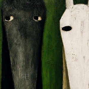 Close-up of layered black, ivory, and green painted horse texture.