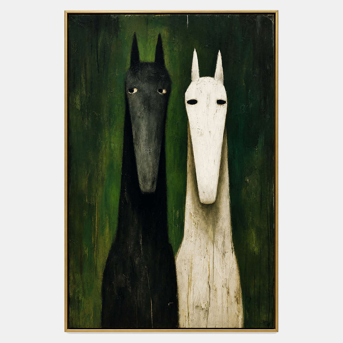 Black and ivory horses painted against a deep green textured ground.