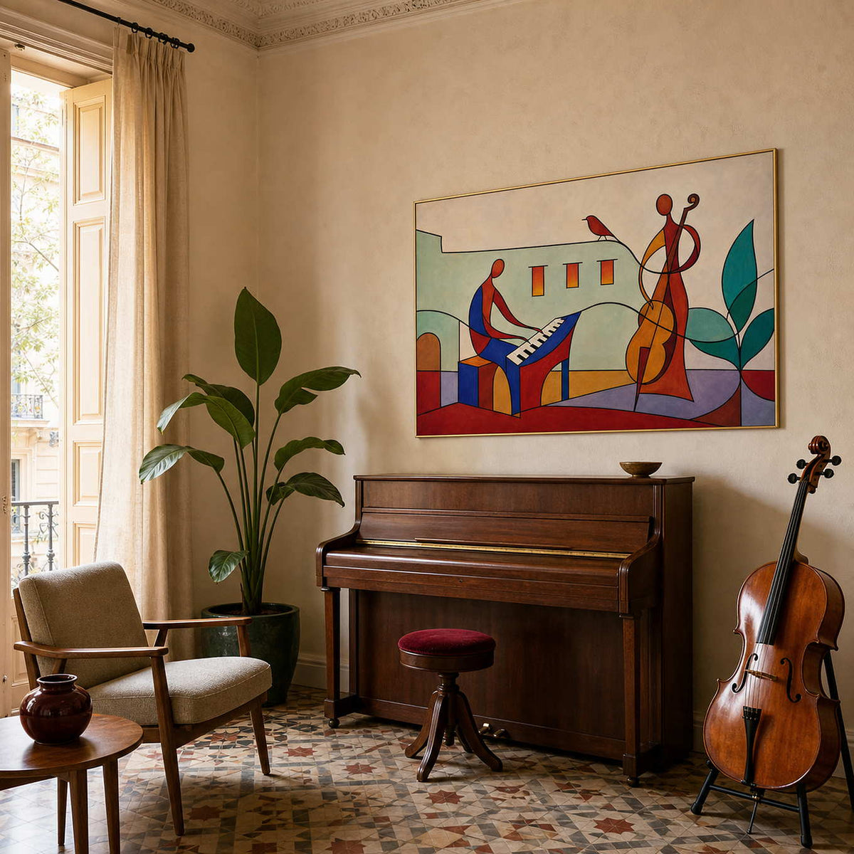 Modern musician wall art displayed in a Barcelona inspired home music room.
