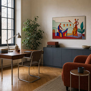 Modern music artwork styled in a Berlin Bauhaus home office.
