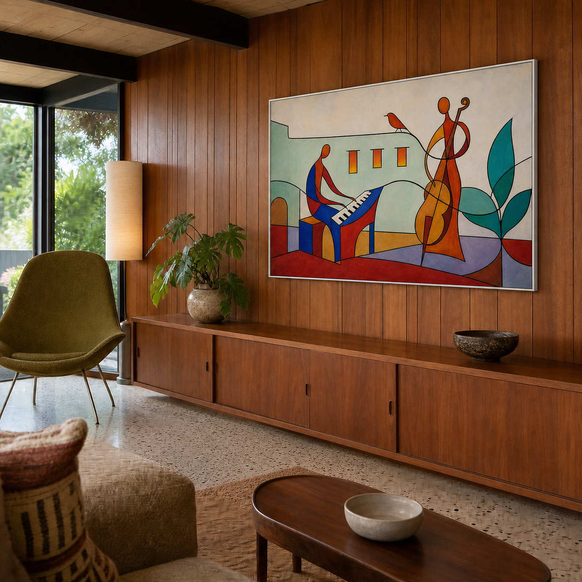 Colorful music artwork displayed in a California mid-century family lounge.