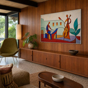 Colorful music artwork displayed in a California mid-century family lounge.