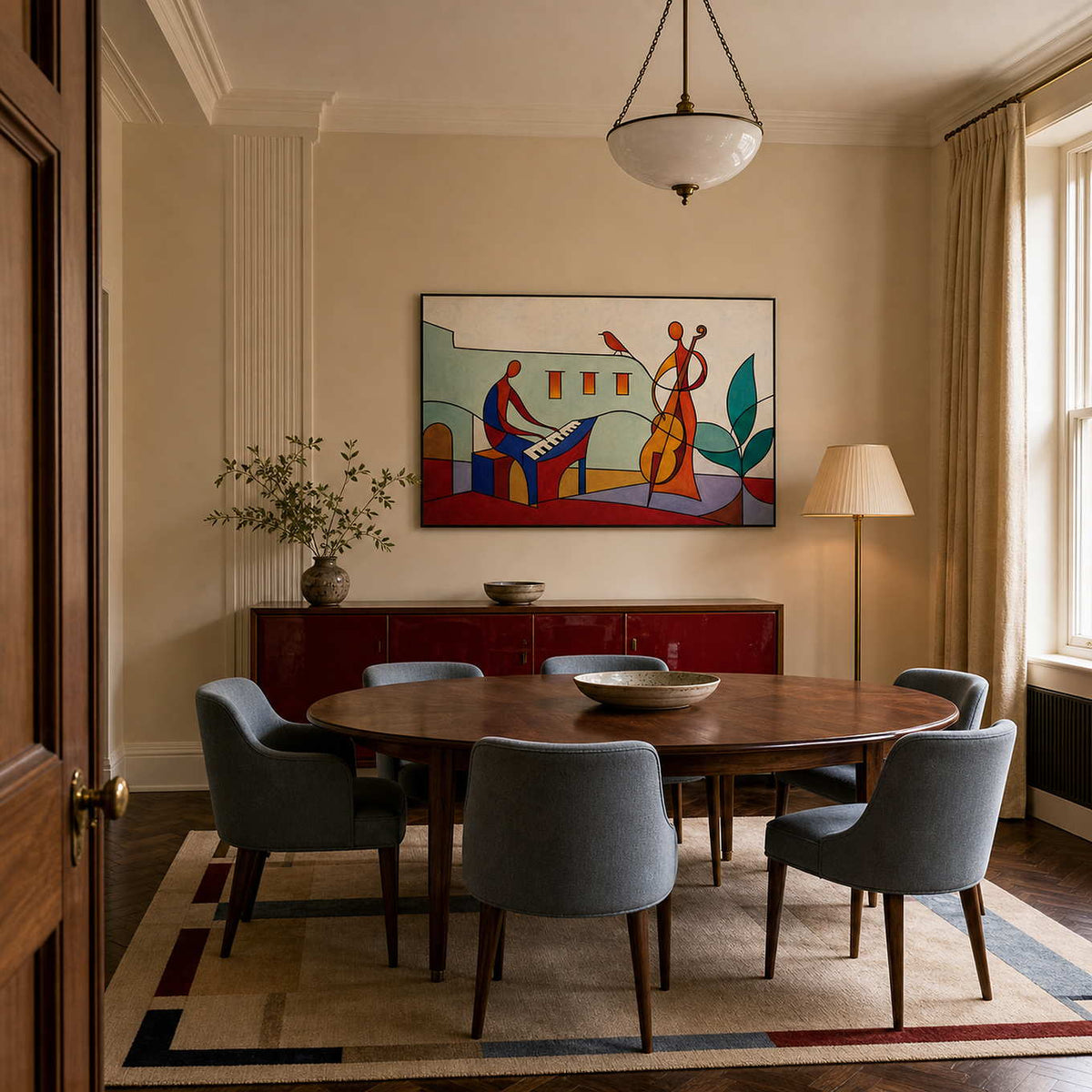 Colorful piano and cello wall art displayed in a London dining room.