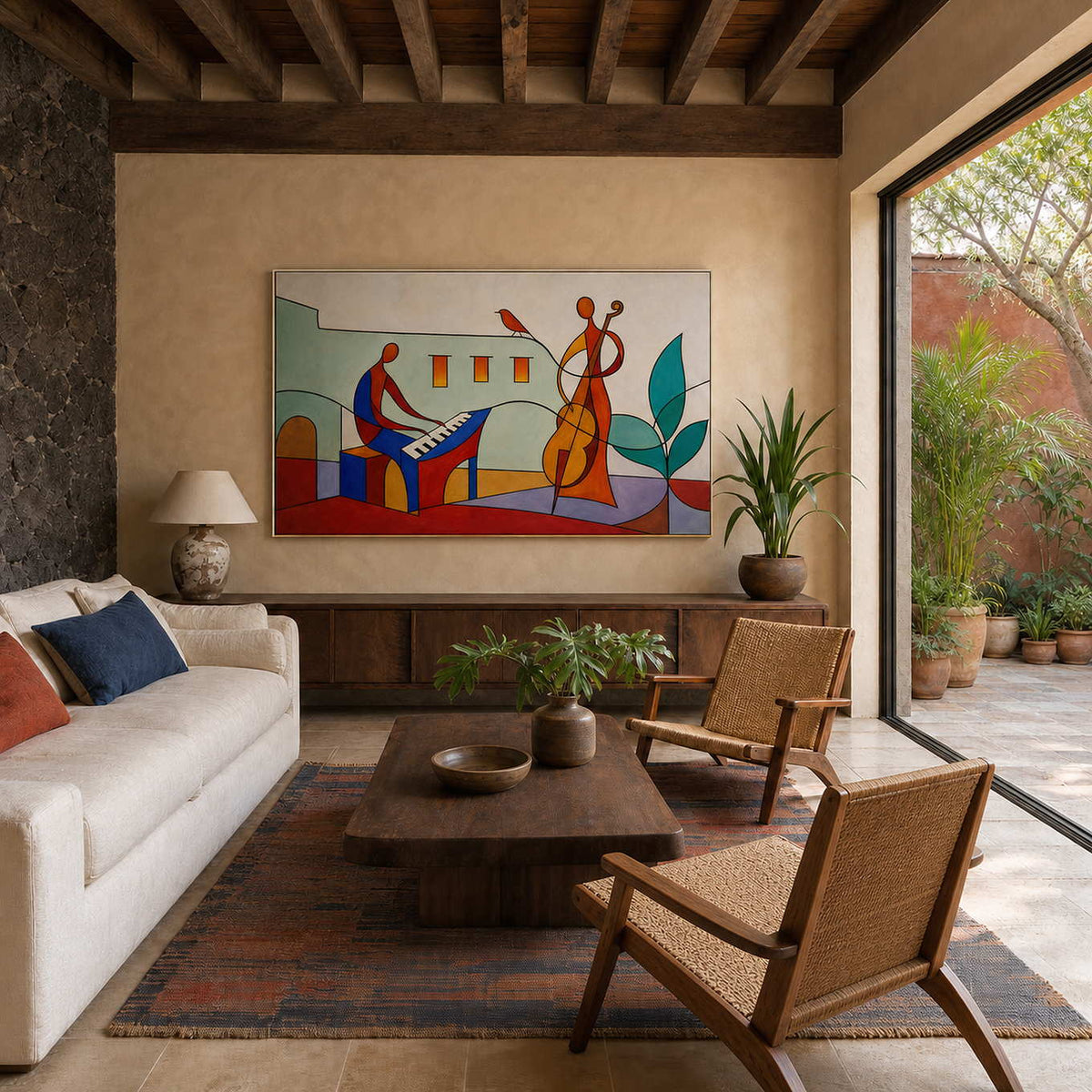 Colorful modern music wall art displayed in a Mexico City courtyard living room.