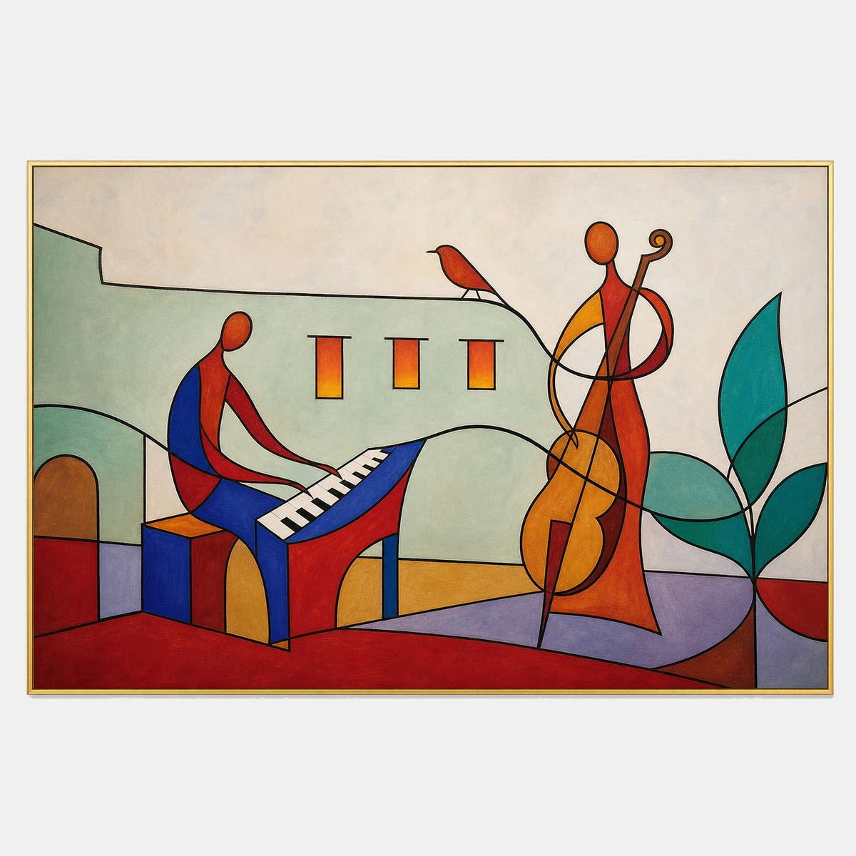 Modern hand-painted artwork of a pianist, cellist, red bird, and green leaves.