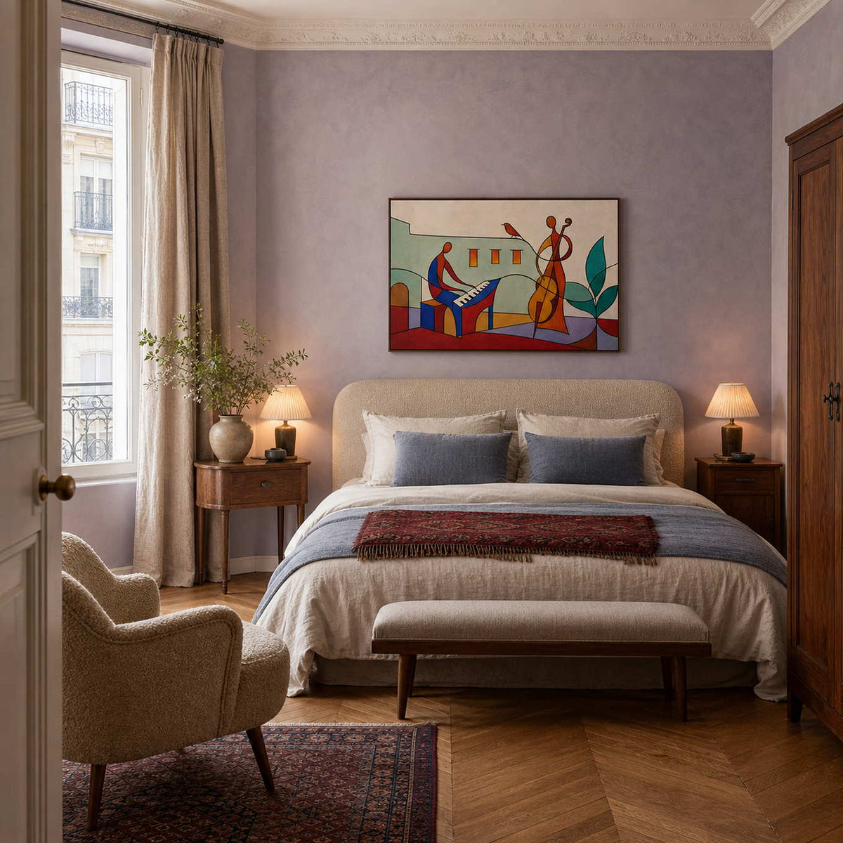 Playful multicolor music wall art displayed in a Paris Left Bank bedroom.