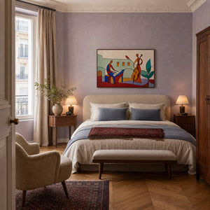 Playful multicolor music wall art displayed in a Paris Left Bank bedroom.
