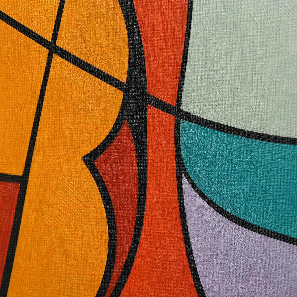Close-up of clean black contours and coral, ochre, mint, teal, and violet canvas color.