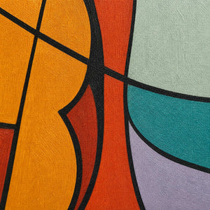 Close-up of clean black contours and coral, ochre, mint, teal, and violet canvas color.