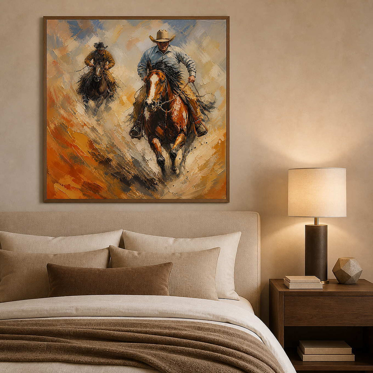 Warm equestrian canvas styled above a neutral modern bed.