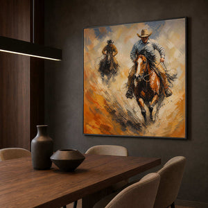 Textured horse and rider painting displayed in a dark dining room.