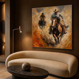 Western equestrian wall art in a warm boutique hotel lounge.