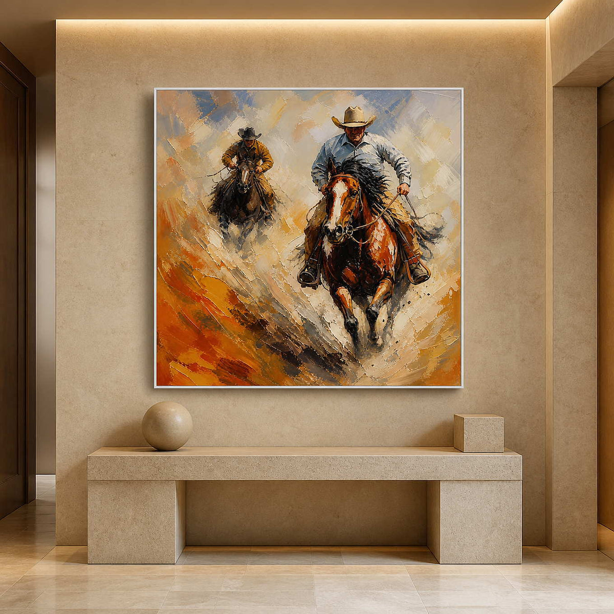 Square equestrian painting displayed in a softly lit hotel hallway.