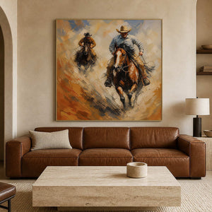 Equestrian wall art with two riders in a warm modern living room.