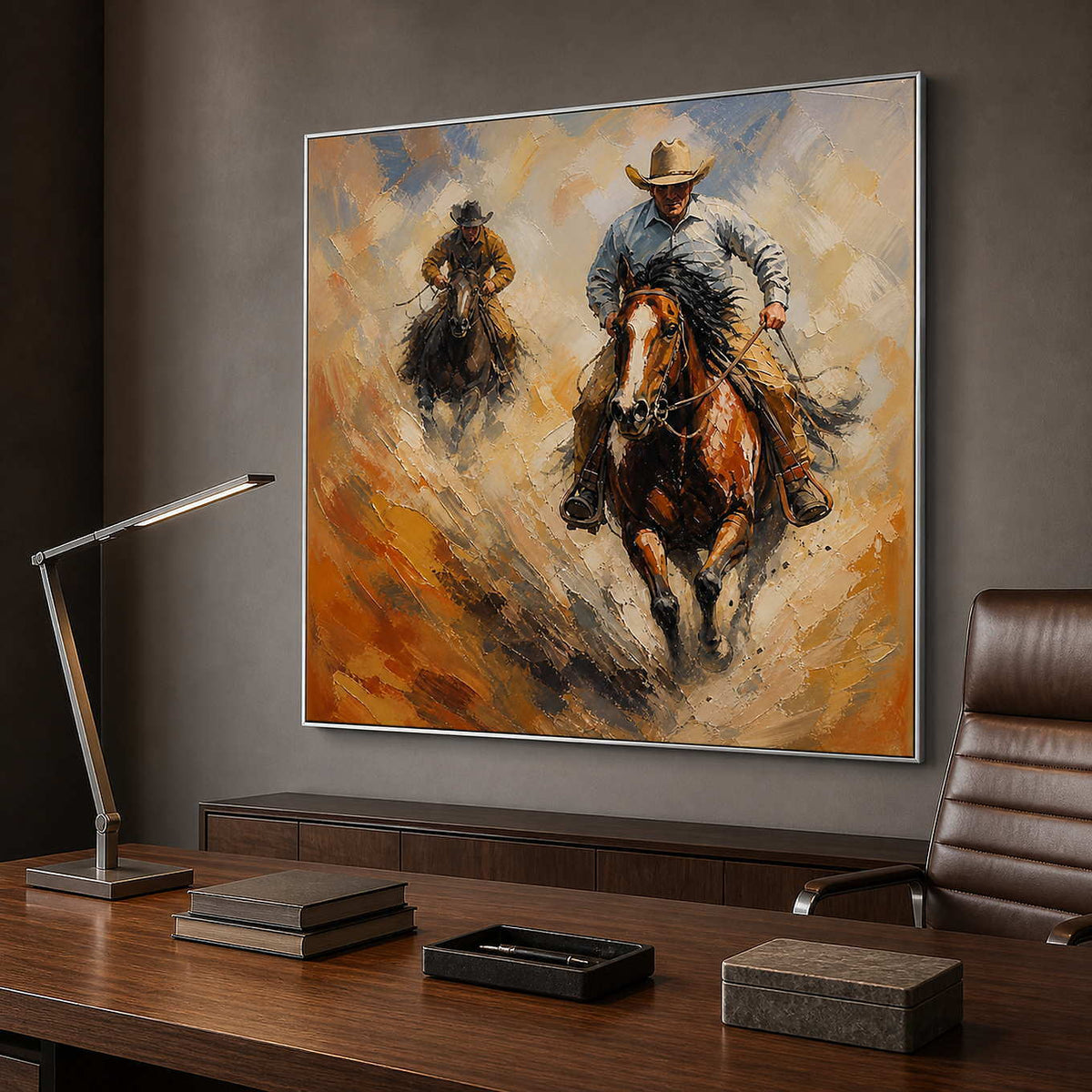 Dynamic western rider artwork bringing motion to a modern office.
