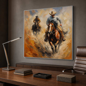 Dynamic western rider artwork bringing motion to a modern office.
