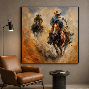 Rust and ochre horse painting styled beside a leather reading chair.