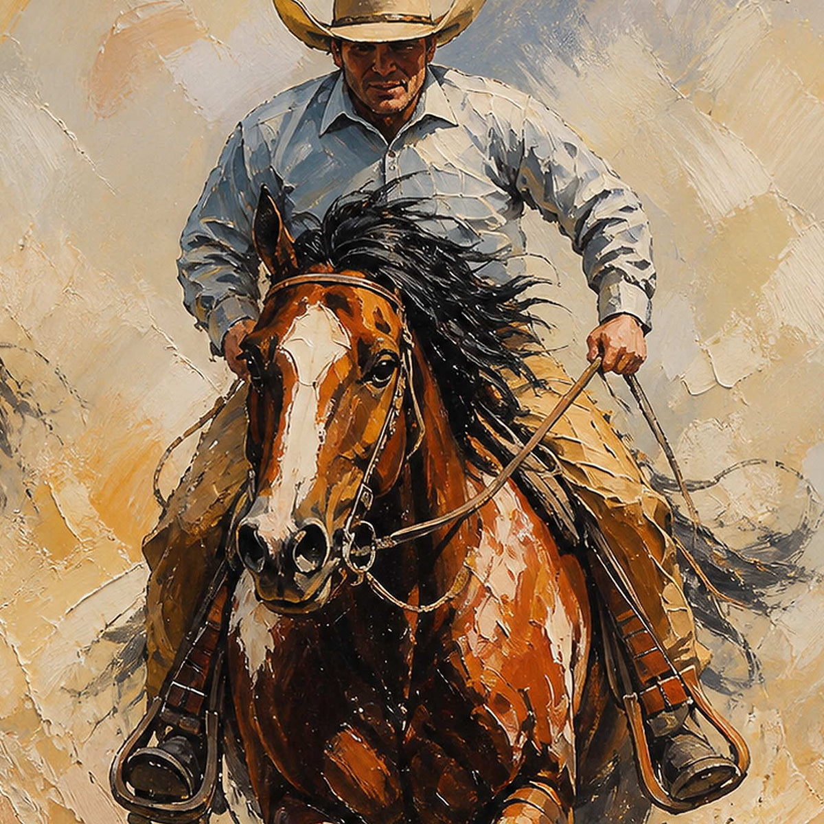 Close-up of the lead rider and layered rust-colored brush texture.