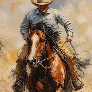 Close-up of the lead rider and layered rust-colored brush texture.