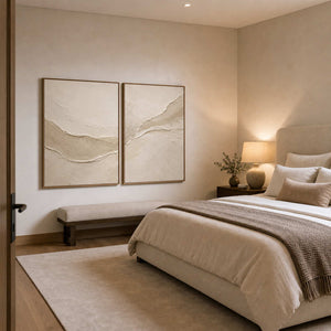 Neutral Textured Art Set displayed in a refined bedroom.
