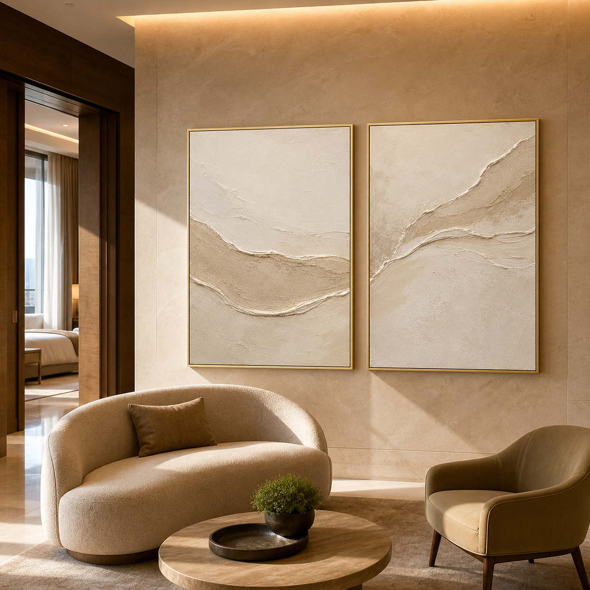 Neutral Textured Art Set displayed in a refined hospitality.