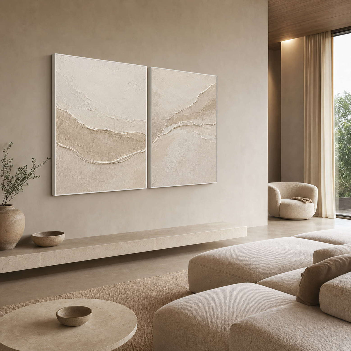 Neutral Textured Art Set displayed in a refined living room.
