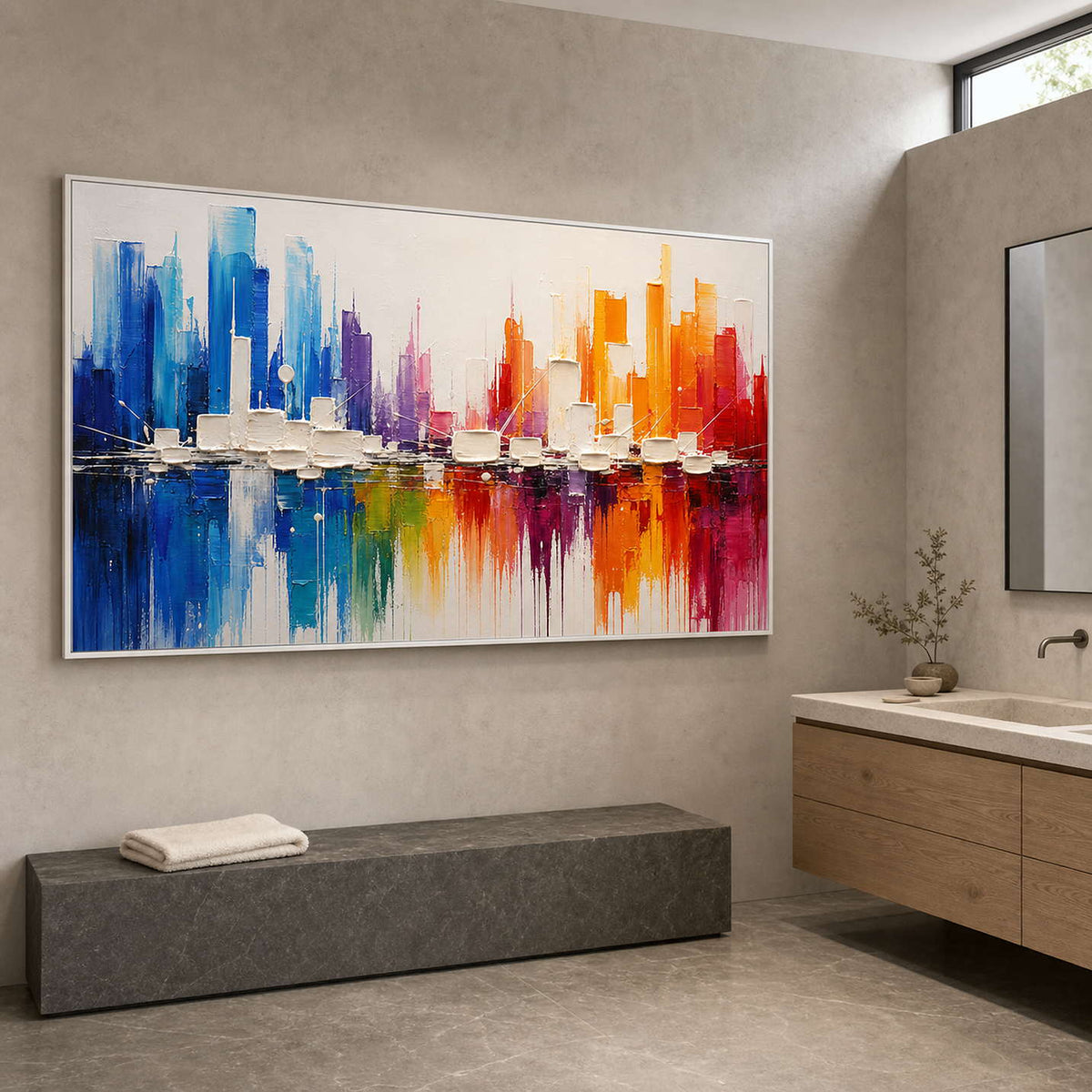 Colorful Cityscape Wall Art displayed in a refined bathroom.