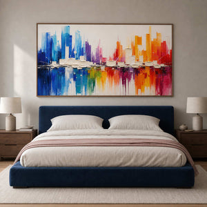 Colorful Cityscape Wall Art displayed in a refined bedroom.