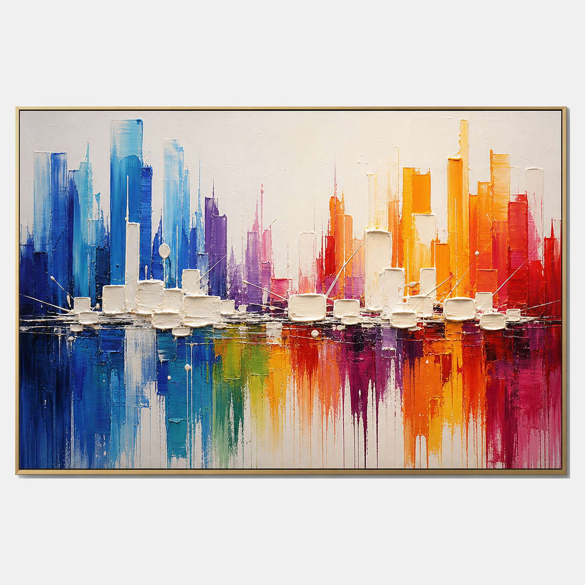 Hand-painted colorful cityscape wall art with blue, warm tones, and multicolor tones.