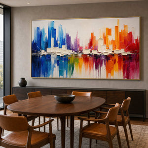 Colorful Cityscape Wall Art displayed in a refined dining room.