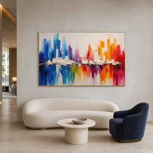 Colorful Cityscape Wall Art displayed in a refined hospitality lounge 2.
