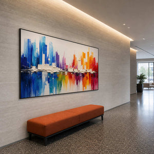 Colorful Cityscape Wall Art displayed in a refined hospitality lounge.