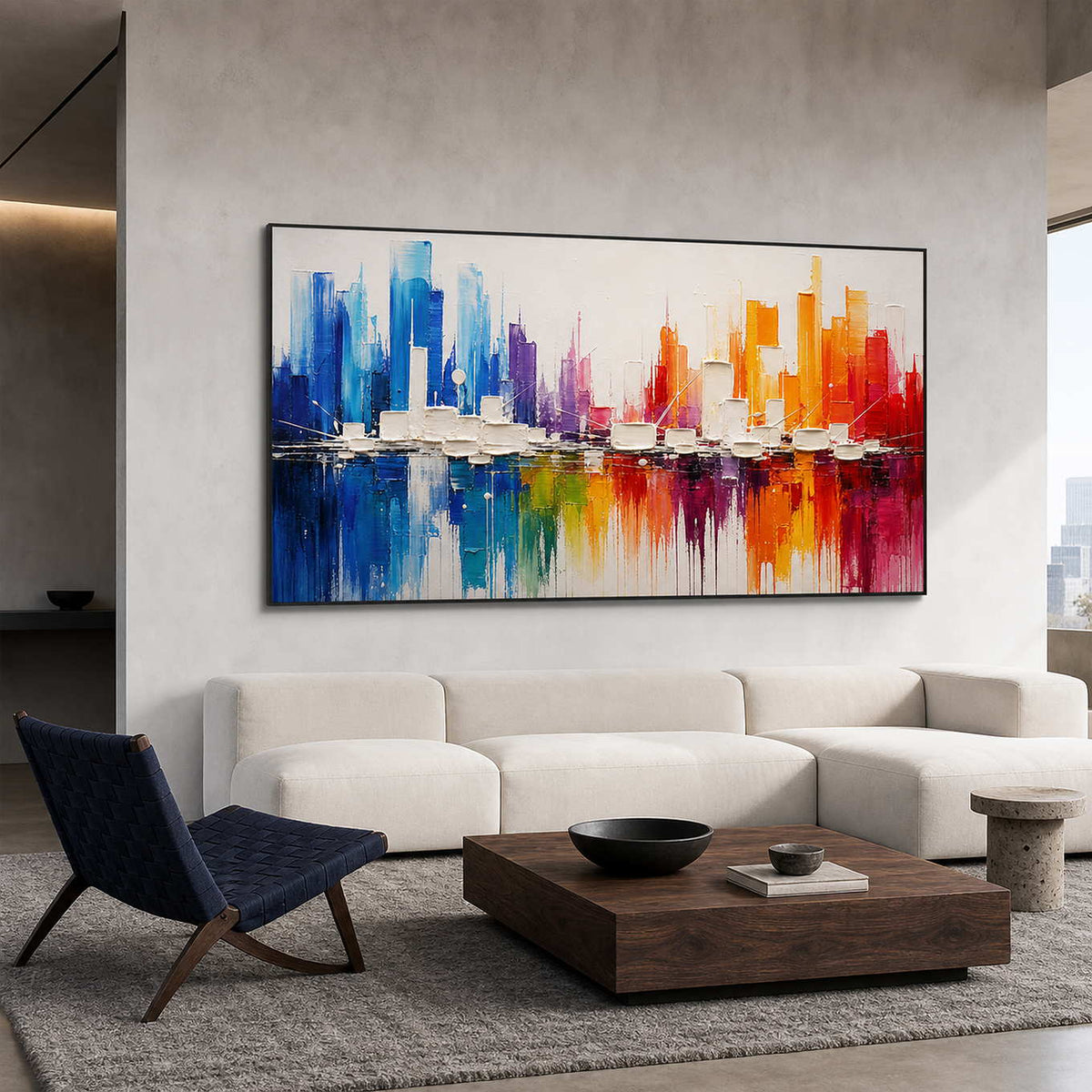 Colorful Cityscape Wall Art displayed in a refined living room.