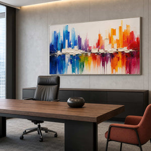 Colorful Cityscape Wall Art displayed in a refined modern interior.