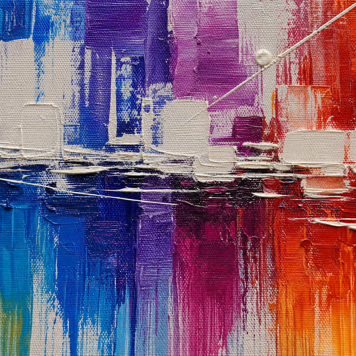 Close-up of raised hand-painted texture in blue, warm tones, and multicolor.