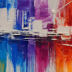 Close-up of raised hand-painted texture in blue, warm tones, and multicolor.
