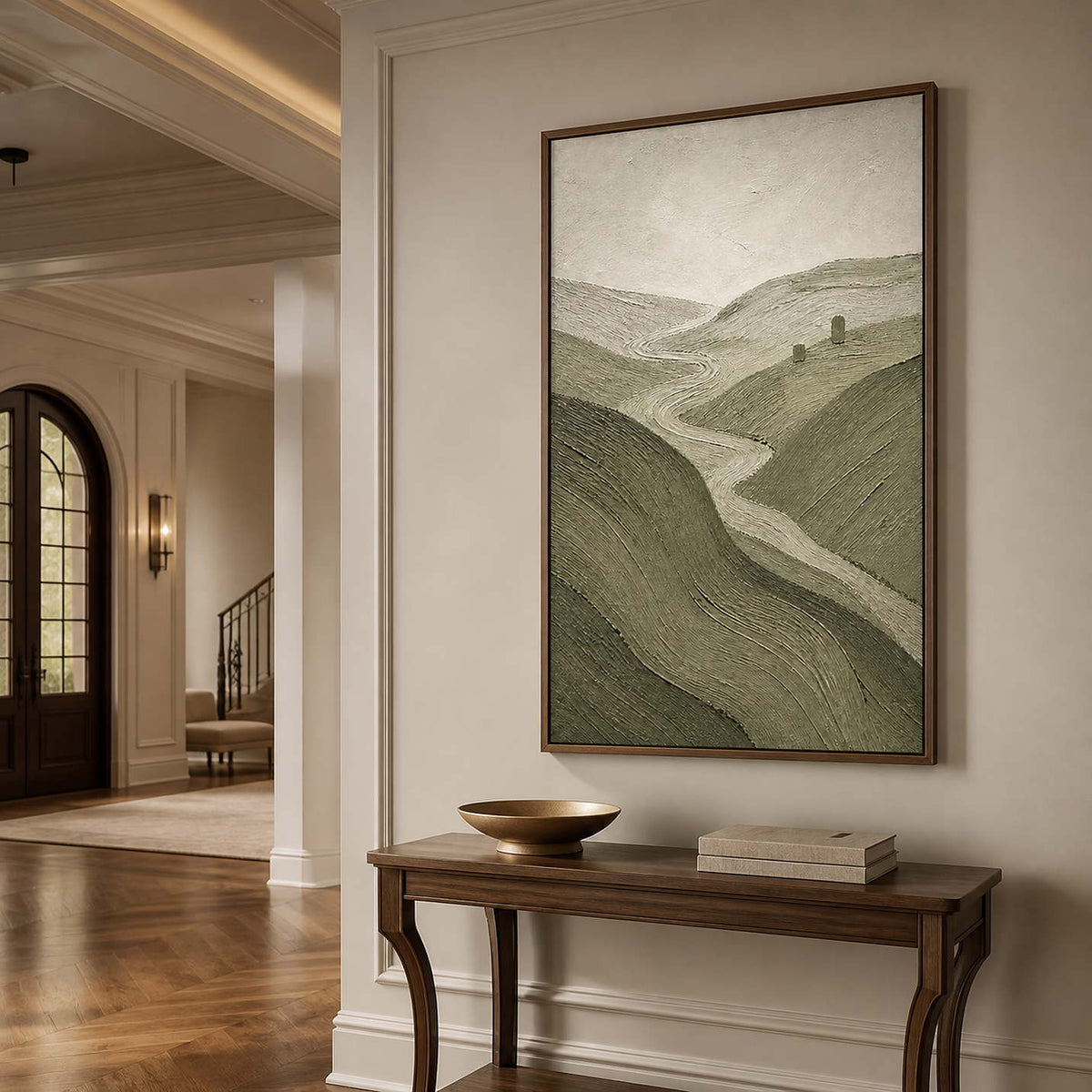 Minimalist country landscape wall art in an elegant entryway with a wood frame.