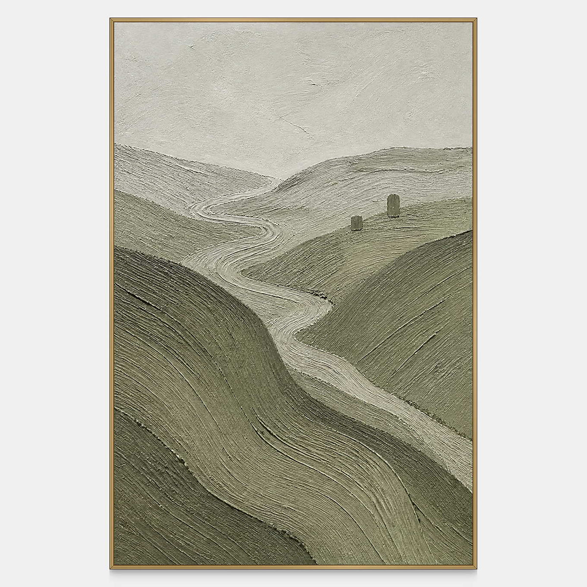 Hand-painted landscape wall art with olive hills, a winding road, and two trees.